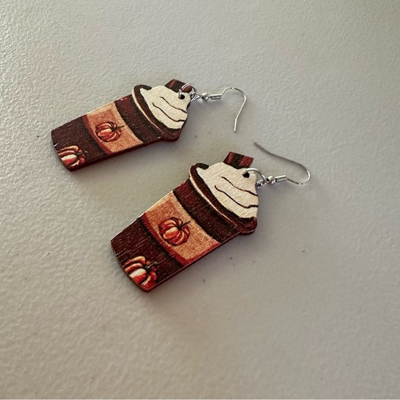 Pumpkin Spice Latte Wooden Earrings ☕️🎃🍁 - Picture 2 of 7